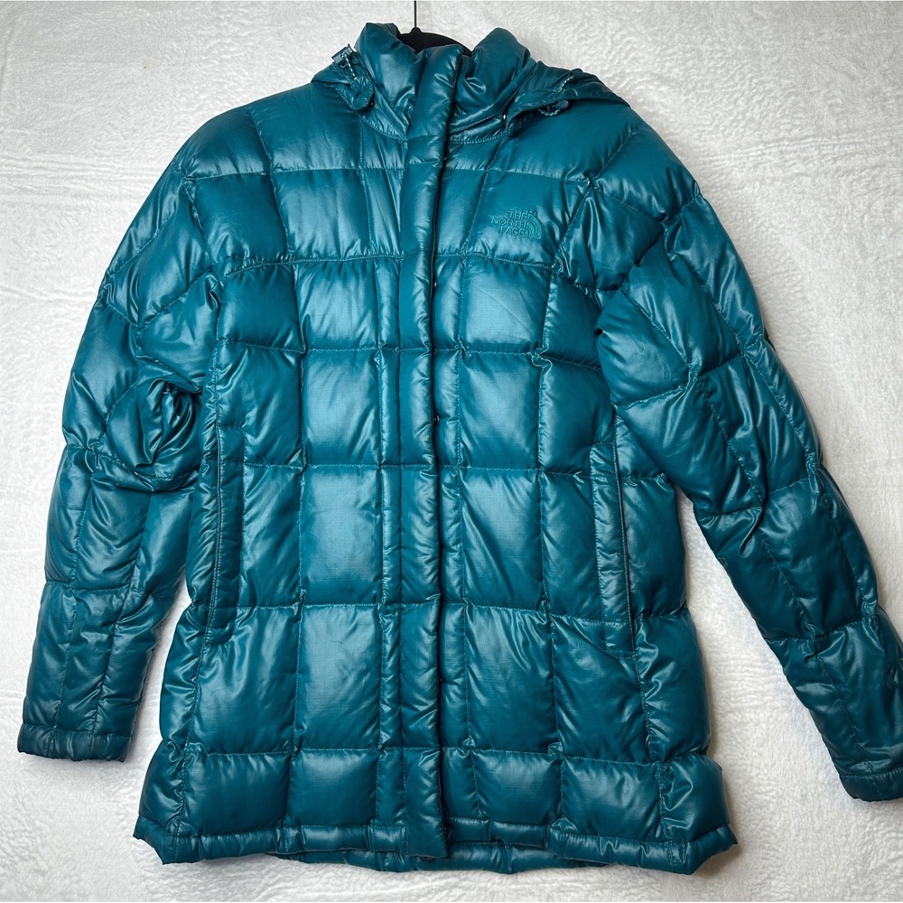 The North Face Teal Shiny Hooded Jacket Women's S Transit Down Quilted Coat